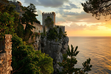A medieval castle in the sunset on a cliff - Powered by Adobe