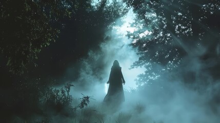 A lonely witch walks through a mystical forest, her path lit by magical spells and surrounded by fog, creating an aura of mystery, isolated on white