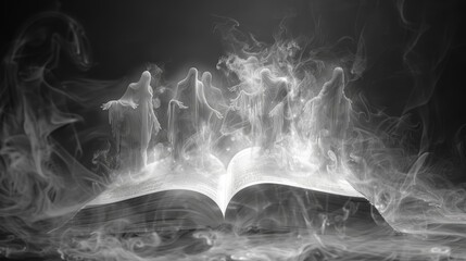 A mystical book opens to release a swirl of magical, ghostly figures, casting an eerie glow in a dim, foggy room, isolated on white