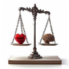 A scale balancing a heart and a brain, set in a courtroom, metaphorically discusses the balance of emotion and logic in justice, isolated on white