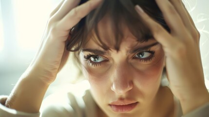 Naklejka premium A stressed woman deeply engaged in job analysis, showing a serious expression and frustration, with a soft bokeh effect, isolated on white