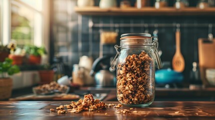 a rustic kitchen scene with a glass jar of homemade granola promotes the idea of healthy eating...