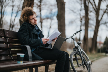 An entrepreneurial spirit takes a work break in the park, with a bike and paperwork on a bench