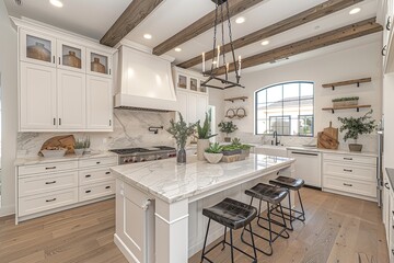 A white kitchen with wooden beams and a center island, showcasing a modern and inviting space for cooking and dining