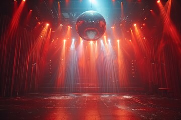 A grand disco ball dominates an empty nightclub stage with striking red and blue lights radiating...