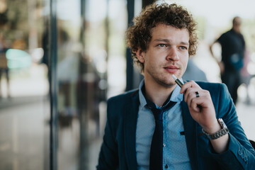 A contemplative young male professional with curly hair, wearing a suit, deeply thinking in a...