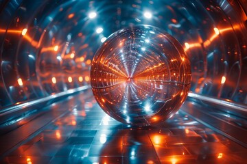 A reflective sphere sits at the center of a metallic tunnel with red and orange lights giving an...