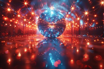 Captivating image of a sparkling disco ball with cosmic patterns inside a vibrant club scene