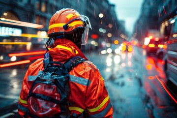 A lone firefighter looks into the distance amidst city lights and rain, conveying a sense of anticipation and duty