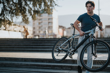 Obraz premium A man takes a break during a bike ride in the park, with a focus on lifestyle and leisure.