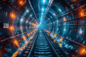 The cool blue and orange LED lights guiding the way through a sleek, modern tunnel with an illusion...