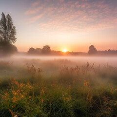 Obraz premium sunrise over a rural landscape, with the sun casting warm rays through a tree and the mist unto the damp meadow