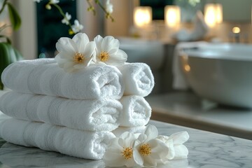 Obraz na płótnie Canvas Luxurious white towels neatly stacked with delicate white flowers on a marble surface