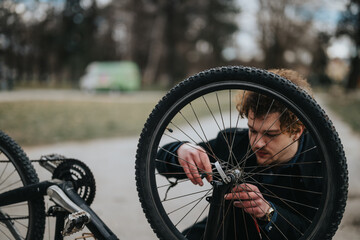 An entrepreneur takes a break to repair his bike in the tranquility of a park, blending business...