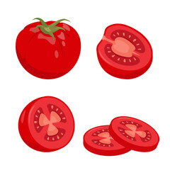 Red Tomato set. Whole and parts of farm tomatoes plant icons. Organic vegetables vegetarian food. Vector illustration isolated on white background.