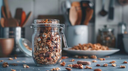 glass jar filled with homemade granola in a rustic kitchen, embodying the concept of healthy eating