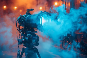A professional camera equipped with a large lens captures attention against a dramatic blue smoke-filled background