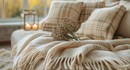 Obraz premium soft home textiles, stay warm and cozy with a soft plaid blanket in calming white and beige tones, perfect for relaxing evenings or slow weekends