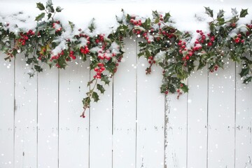 Christmas firtree with holly, snowfall on wooden white board - generative ai