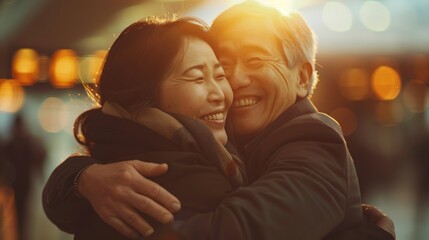 An elderly couple is hugging.