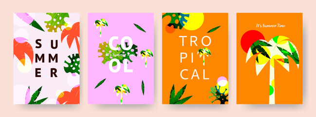 Summer Set of backgrounds, posters, holiday covers. Summer cards with abstract tropical leaves and typography. Modern art design templates for label, ads, sale, social media, print. Minimalist style.