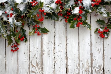 Fototapeta na wymiar Christmas firtree with holly, snowfall on wooden white board - generative ai