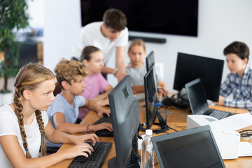 Group of children students learn to work with computer at lesson
