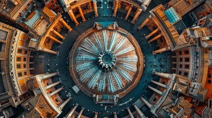 Obraz premium Exhibit an aerial view of the Pantheon, showcasing its perfectly symmetrical design and its position in the urban landscape of Rome