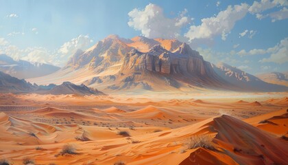 Exhibit an artistic interpretation of the deserts harsh beauty, with towering sand dunes rippling under the winds influence, challenging the resilience of nomadic life