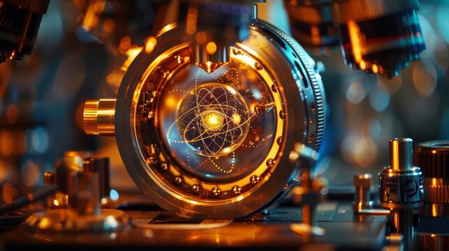 Illustrate a closeup of an electron microscope capturing the intricate structure of atoms, revealing the hidden world of quantum mechanics