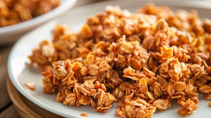 food photography, close-up of golden granola clusters on a white plate, a delicious and healthy snack option with selective focus
