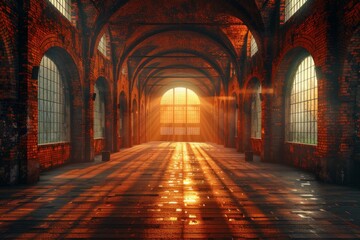 Fototapeta premium Sunlight beams piercing through large industrial windows casting long, warm shadows across the aged floor