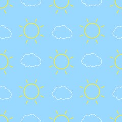 Clouds and sun repeating pattern on blue background