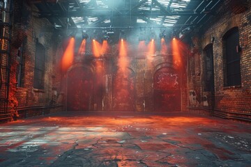 A mysterious and atmospheric warehouse with red foggy lights creating a dramatic scene among brick pillars