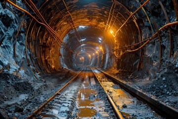 Fototapeta na wymiar An expansive underground tunnel with rail tracks glistens under warm artificial light, showcasing a mining environment