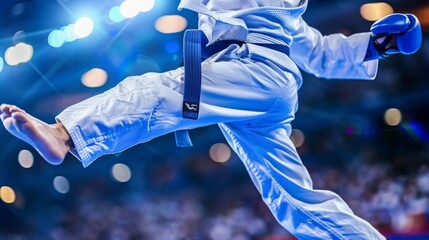Taekwondo fighter s powerful roundhouse kick  summer olympics display of strength and flexibility