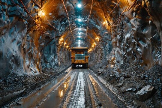 A mining train stands at rest within a luminous underground tunnel, highlighting industrial operations