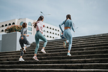 Active young female friends engaging in a stair workout in urban surroundings, showcasing health...