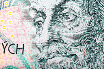 Close-up of the portrait on the Czech crown banknote. Czech money as economic background with copy space