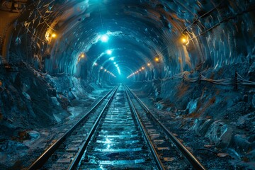 Fototapeta na wymiar A railway track runs through a vividly lit tunnel with blue overhead lights creating a futuristic atmosphere