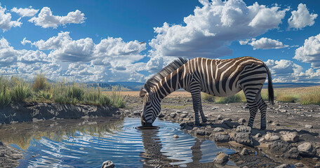 Zebra, equus quagga, drinking from a dam or water hole. Generative Ai