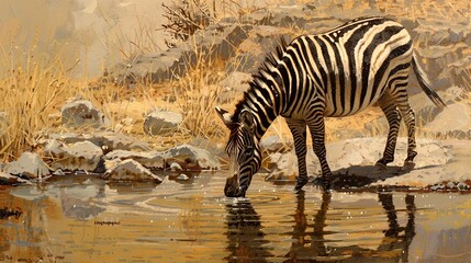 Zebra, equus quagga, drinking from a dam or water hole. Generative Ai