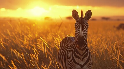 zebra in the African savanna at sunset . Generative Ai