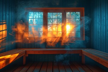 Fototapeta na wymiar Warm light floods a wooden sauna, illuminating the steam and creating a cozy, relaxing wellness environment