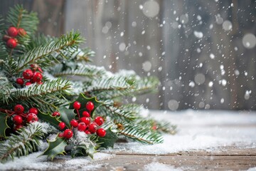 Fototapeta na wymiar Christmas firtree with holly, snowfall on wooden white board - generative ai