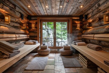 A traditional wooden sauna with log walls, benches, and neatly stacked towels, exuding relaxation and tranquility