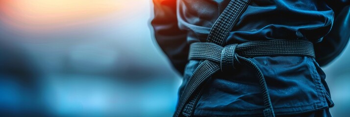 Symbol of dedication  fastening black belt, signifying achievement in summer olympic games sport