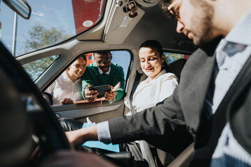 A group of business professionals engaged in a discussion while commuting in a car, showcasing...