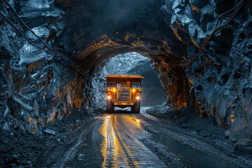 Fototapeta premium Industrial mining equipment vehicle in a deep dark underground tunnel, showcasing the harsh working conditions and machinery
