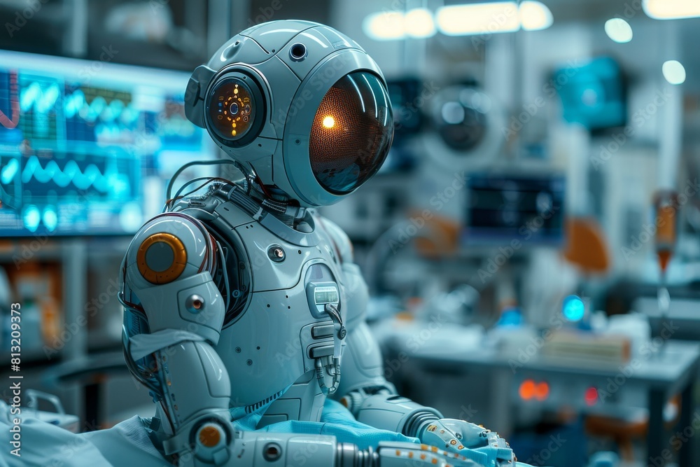 Poster a sophisticated humanoid robot with advanced articulation in a high-tech laboratory, depicting artif